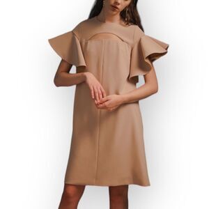 Peggy Hartanto Dress Mod Exaggerated Ruffled Sleeves Babydoll Dress Tan Size 2